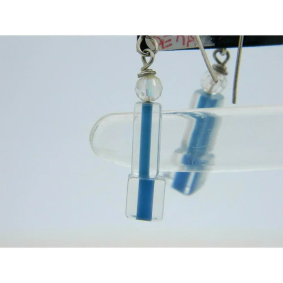 NOS Sterling Silver Australian AB Crystal Blue Art Glass Dangle Earrings - Picture 4 of 4